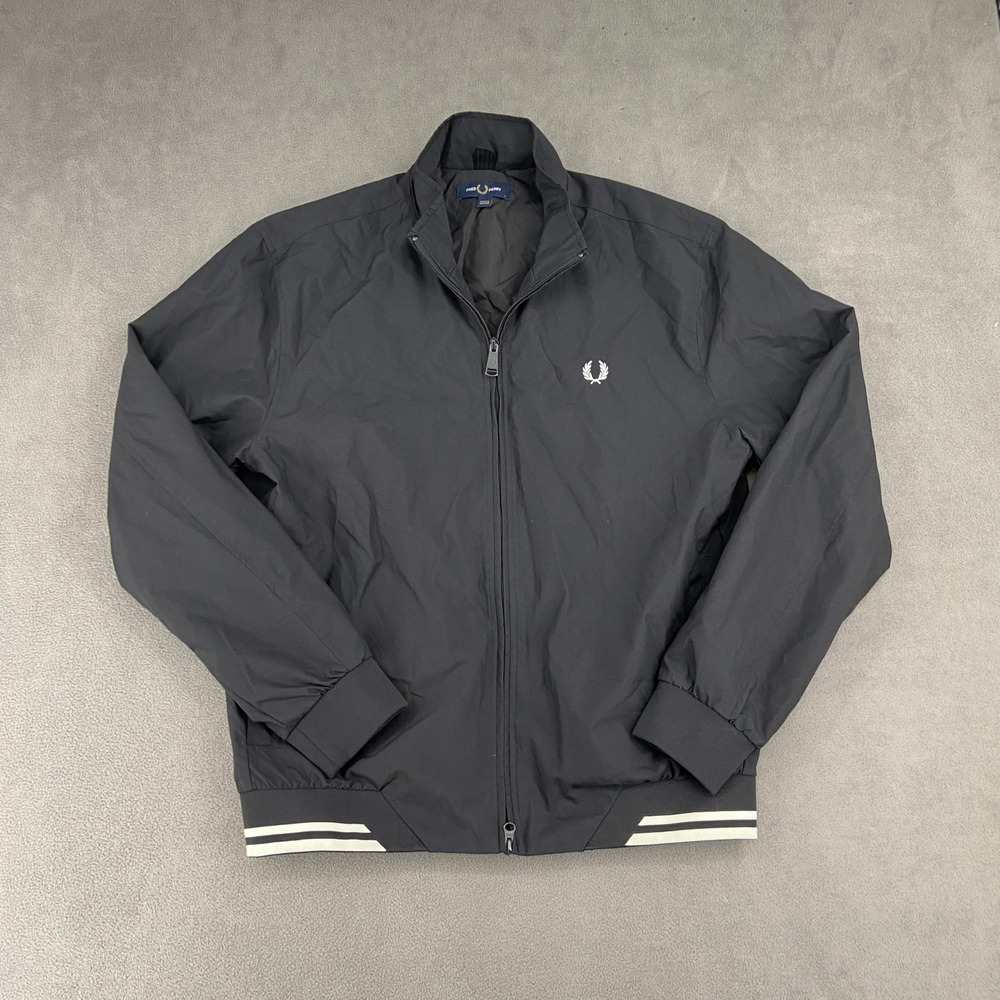 Fred Perry Brentham Jacket Mens Large Black Full Zip Nylon Twill Harrington Coat